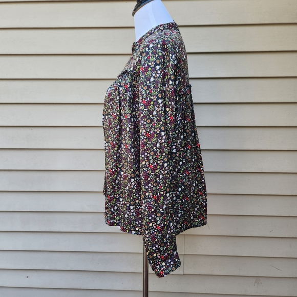 Saccharine Multicolor Floral Print Button-Up Blouse Ruffle Trim Cotton Silk - Picture 6 of 12